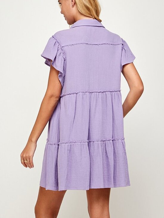 Purple Gauze Collared Tiered Dress With Frayed Seam - Picture 4 of 7